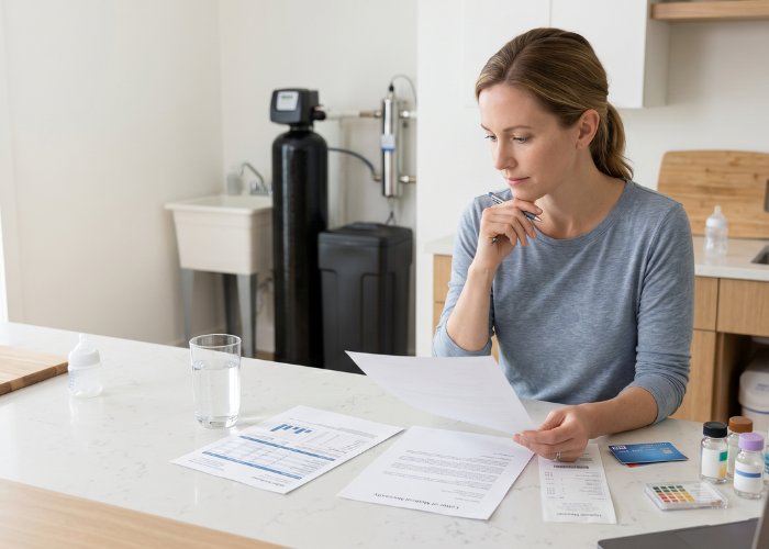 A homeowner reviews a Letter of Medical Necessity and water test results at her kitchen counter, with a whole-house water softener and UV filter behind her, while planning an HSA/FSA-eligible water filter purchase.